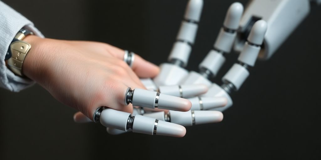 Close-up robotic hand touching human skin.
