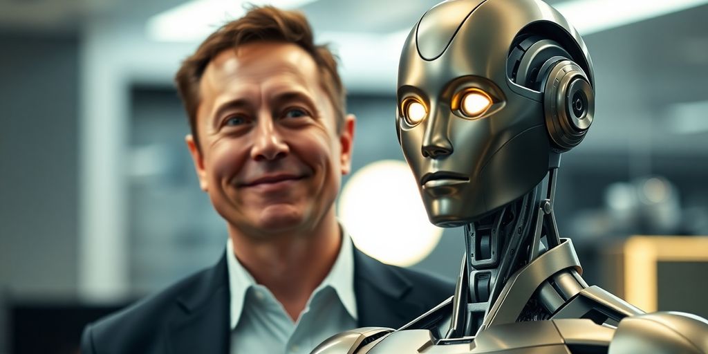 Elon Musk stands with a lifelike robot.