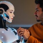 Robot and human couple holding hands.