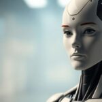 Photographic image of a lifelike robotic figure, digitally rendered.