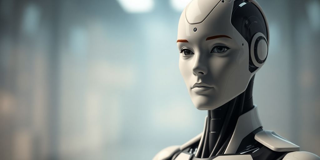 Photographic image of a lifelike robotic figure, digitally rendered.