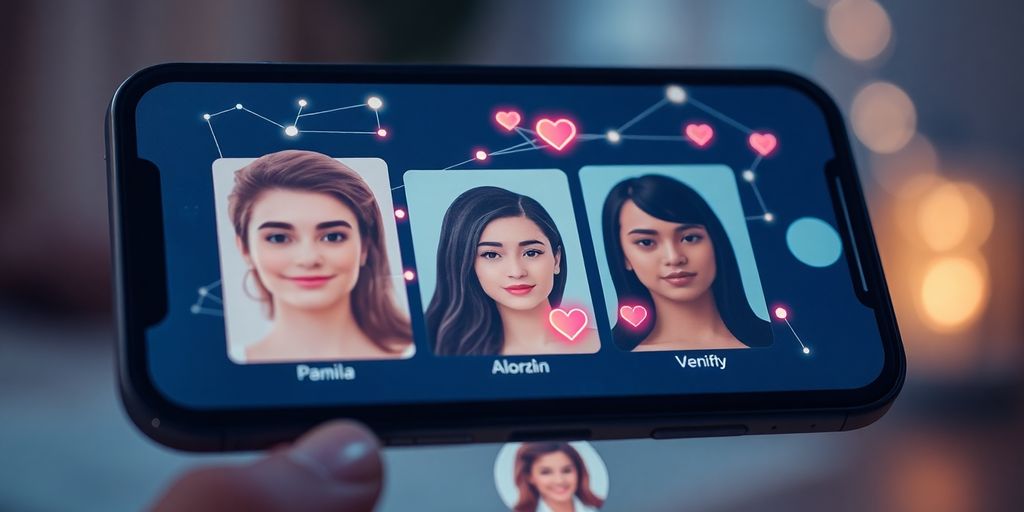AI-powered dating app interface with hearts.