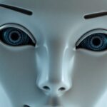 Close-up of a sophisticated humanoid robot's face.