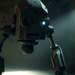 Close-up of Fisto, a rusty, bipedal sex robot.
