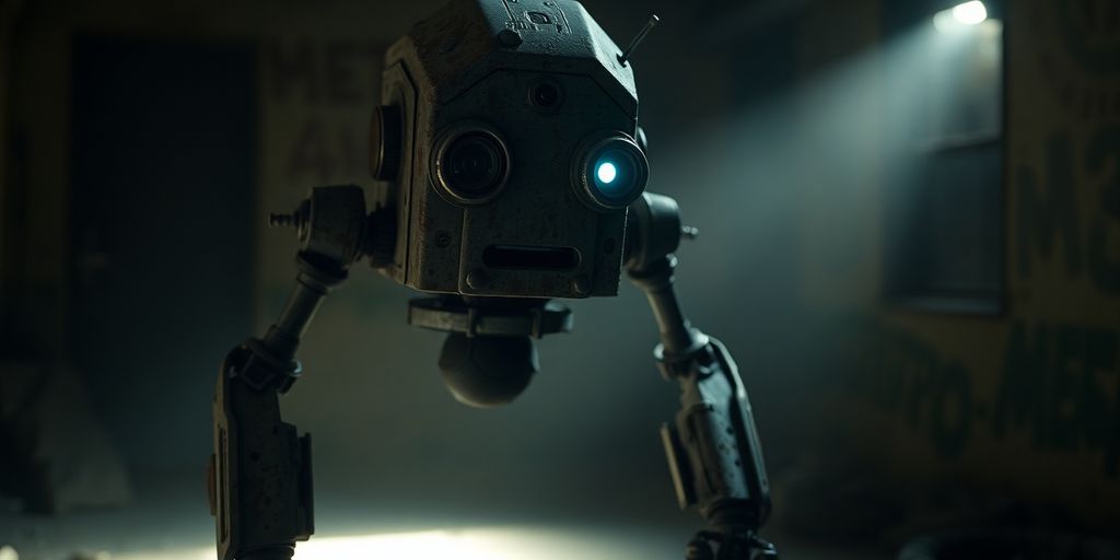 Close-up of Fisto, a rusty, bipedal sex robot.