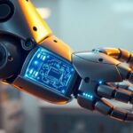 Sleek robotic arm with glowing circuits in a futuristic laboratory.