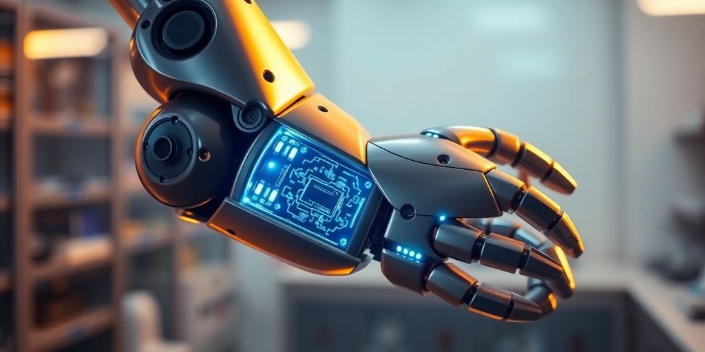 Sleek robotic arm with glowing circuits in a futuristic laboratory.