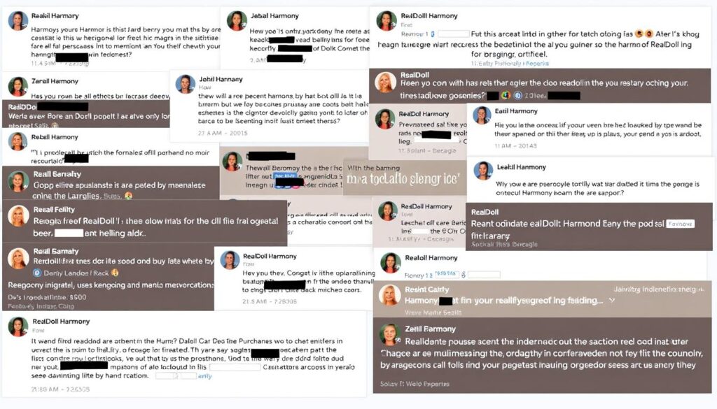 Collage of user comments and feedback about RealDoll Harmony from online forums Collage of user comments and feedback about RealDoll Harmony from online forums