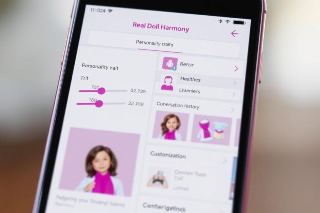 RealDoll Harmony AI interface showing personality customization options on smartphone RealDoll Harmony AI interface showing personality customization options on smartphone