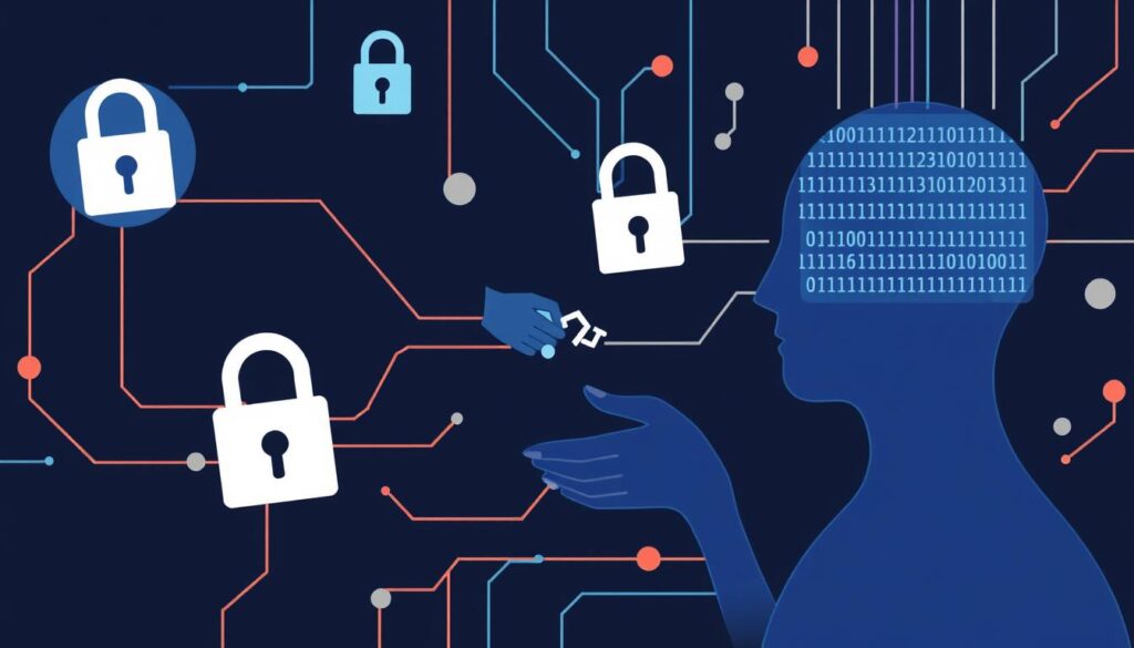 Abstract representation of ethical considerations with digital privacy symbols and human silhouettes