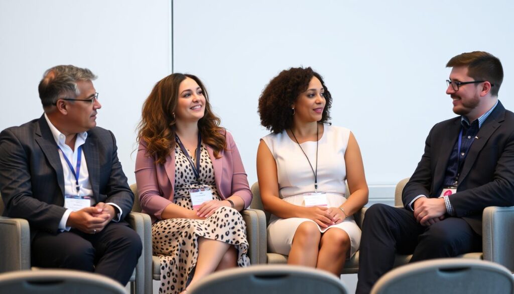 Diverse group of people in a discussion panel about sexual wellness and technology